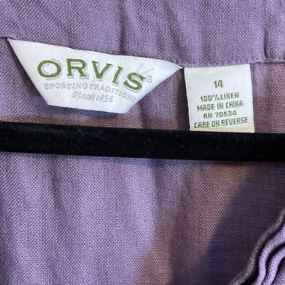ORVIS Dress Women’s Size 14 Purple Linen Midi Short Sleeve A-line V-Neck - Picture 2 of 16